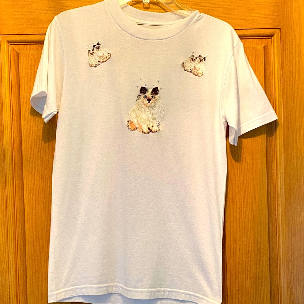 White T-Shirt with Cat Print
